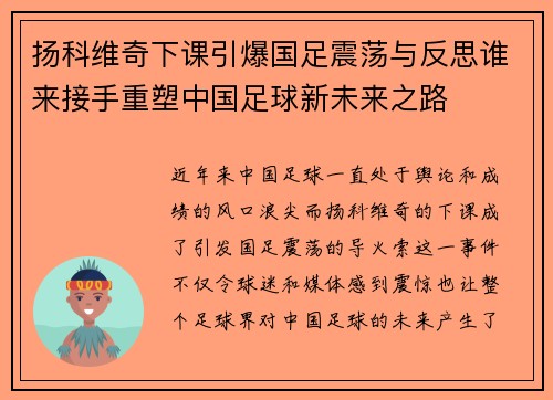 扬科维奇下课引爆国足震荡与反思谁来接手重塑中国足球新未来之路