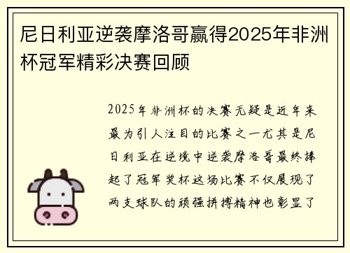尼日利亚逆袭摩洛哥赢得2025年非洲杯冠军精彩决赛回顾